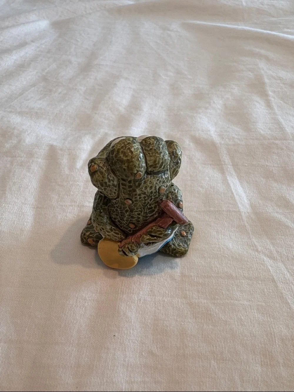 Enesco Hand-Painted Green Frog with Blue Shorts and Red Bow. 1995